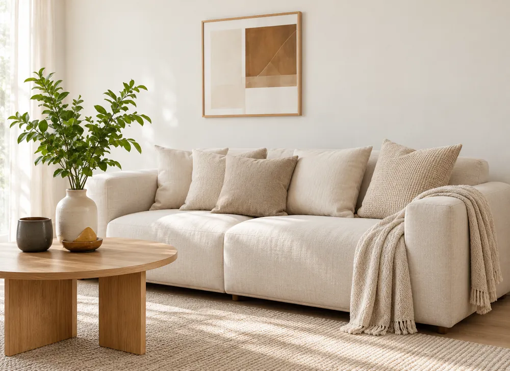 Светлая гостиная с диваном, деревянным столом и растениями